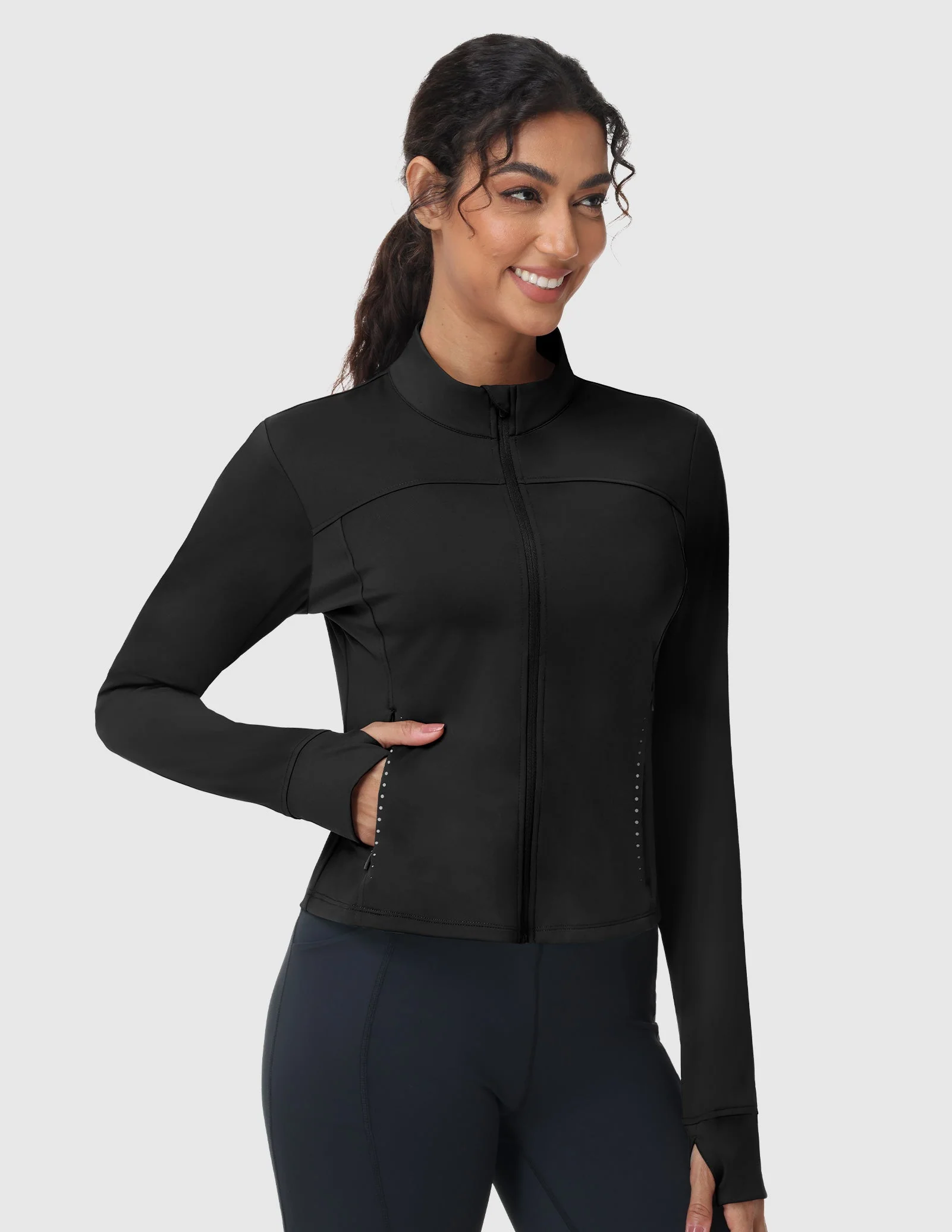 Women's Slim Fit Full Zip Workout Jacket with Zipper Pockets - Image 3